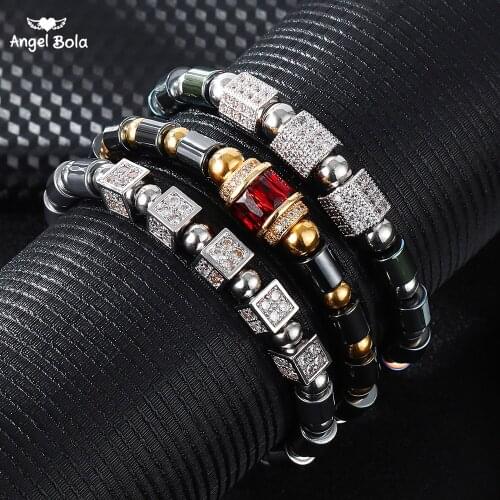 3Pcs/Set CZ Bracelet Sets Men Women Stainless Steel Beads CZ Tube Charm Braiding Couple Bracelet Sets for Lovers Jewelry Gifts