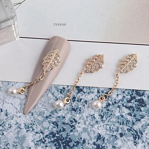 5pcs Leaves Leaf pearl pendant Gold Zircon Nail art jewelry nails decorations crystal Manicure zircon diamond nail Charms TN4949
