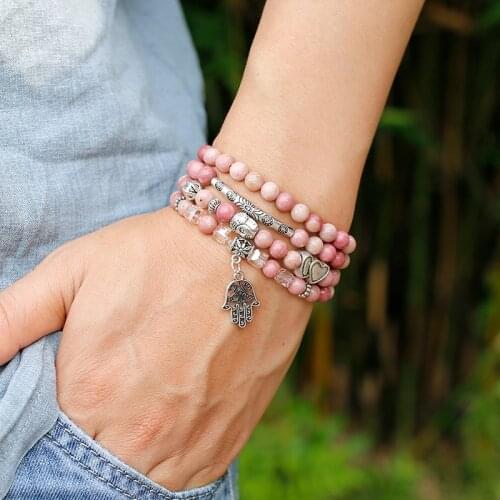 6mm Natural Rhodochrosite Beads Strand Bracelet Women Lotus OM Buddha Charm Yoga Bracelet 108 Mala Necklace Yoga Jewelry