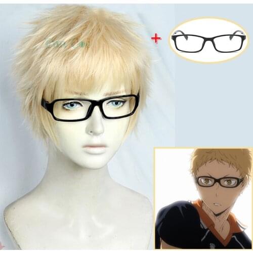 Anime Haikyuu!! Kei Tsukishima Cosplay Short Light Golden Wig Glasses Heat-resistant Fiber Hair + Wig Cap Role Play Woman Man