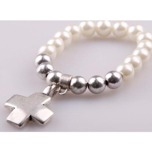 Free drop shipping new arrive10mm beige glass pearl bracelets with cross charm stretch elastic Bracelet women jewelry