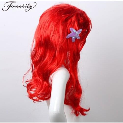 Kids Girls Mermaid Princess Dress Up Red Wigs Hair with Starfish Hair Clip Headwear Halloween Anime Cosplay Costume Accessories