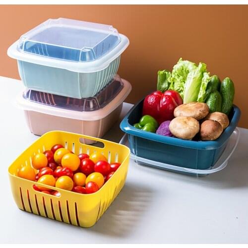 Double-Layer Drain Basket Lid Refrigerator Crisper Multifunctional Square Large Size Washing Vegetable Basket Storage Baskets