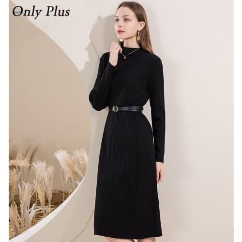 Only Plus Knitted Long Black Sweater dress female Belt Autumn Ladies Dress Casual Sashes Loose Knit Dresses For Women 2021 New