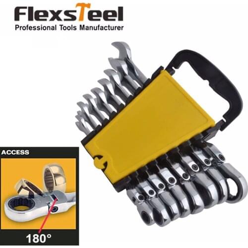 High Quality 8PC 8-17mm CR-V Flexible Head Wrench Sets Combination Ratcheting Wrench Spanner Set Metric 8,10,11,12,13,14,15,17MM