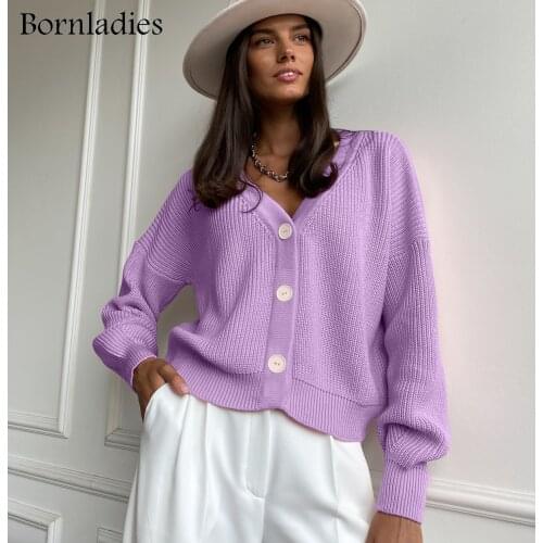 Bornladies Casual V-neck Knitted Loose Cardigan Women Buttons Lantern Sleeve Sweaters Female Basic White Autumn Winter Tops