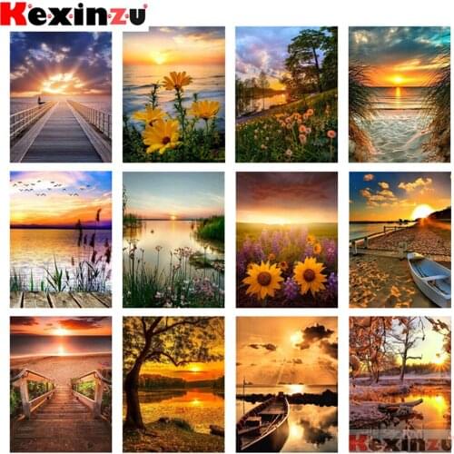 Kexinzu Paint With Diamond Embroidery "Lake sunrise flower boat" Diamond Painting Full Square Round Picture Of Rhinestone Decor