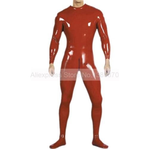 Handmade Brown Back Zip Latex Male Bodysuit with Feet Socks Custom Made Rubber Catsuit S-LCM155
