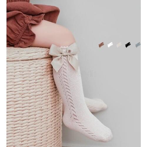 Baby Girls Socks Newborn Solid Breathable Cotton Spring Knee High Hollow Out Carve Mesh Bowknot Combed Princess Female Socks