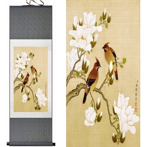 Birds and White flowers Painting Home Office Decoration Chinese scroll painting flower painting birds paintingPrinted painting