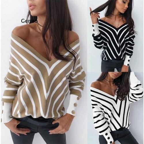 Off-The-Shoulder Striped V-Neck Sweater Loose Long-Sleeved Bottoming Shirt Womens Autumn and Winter Tops Sexy Fashion