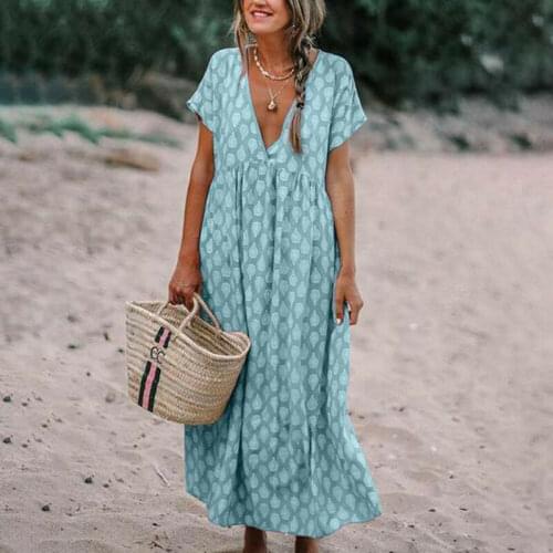 Womens Casual Boho Deep V Neck Polka Dots Floral Print Baggy Tunic Long Pleated Dress Loose Kaftan Beach Holiday Sundress