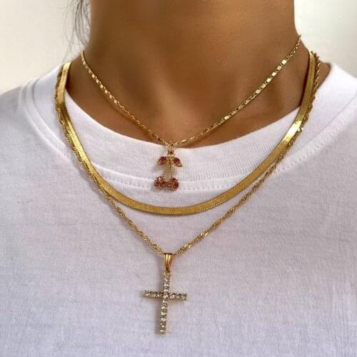 Fashion Multilayer Cross Golden Snake Chain Choker Necklaces For Women Girl Crystal Cherry Pendant Necklace Party Jewelry Gift