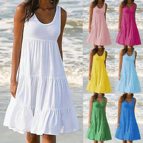 Womens Aline Midi Summer Dress Solid Sleeveless Tank Elegnant High Waist Dress Party Beach Holiday Summer Dress Robe Femme Été