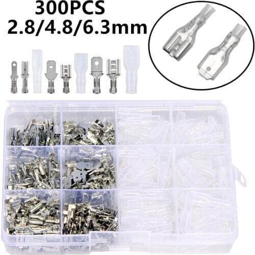 300Pcs 2.8/4.8/6.3mm Crimp Spade Terminals Female/Male Terminals Electrical Wire Connectors + Transparent Insulating Sleeves