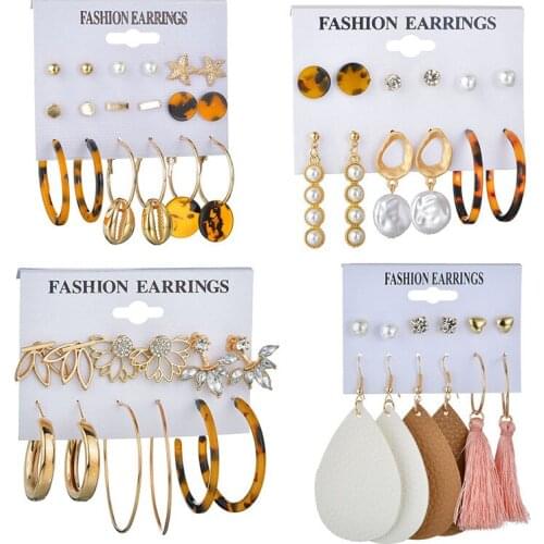 Acrylic Leather Earrings Sets for Women Fashion Jewelry Pearl Gold Star Pendants Black Tassel Leaf Faux Leather Hoop Earrings