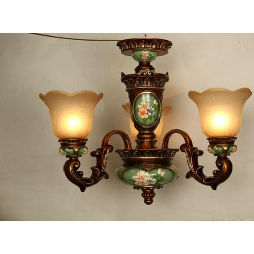 European Retro Dark Brown Green Villa Hotel Living Room Dining Room Bedroom LED Wrought Iron Glass Resin Garden Pendant Lamps
