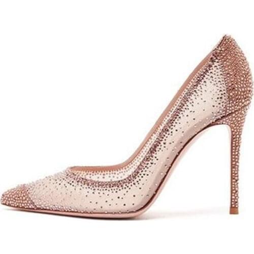 Hot Selling Mesh Crystal Embellished High Heel Shoe Summer Pointed Toe Woman Wedding Heels Rhinestones Dress Shoe