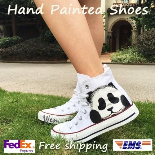 Wen White Hand Painted Canvas Shoes Original Design Custom Cute Panda Boys Girls High Top Canvas Sneakers Men Womens Gifts