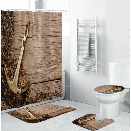 Retro Wood Grain Anchor Shower Curtains Set Bath Mat Set Toilet Cover Bathroom Accessories Bathroom Rug Set
