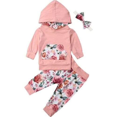 Baby Girl Floral Printed Clothing Sets Hooded Sweatshirt Hoodies Top + Pants Trousers + Headband 0-24M Newborn Infant Tracksuit