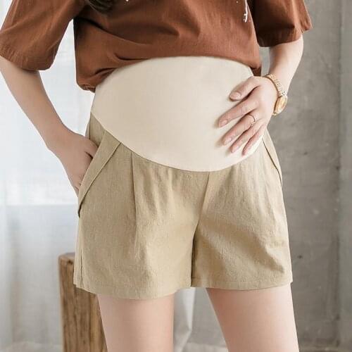 Maternity Summer Shorts Cotton Linen Pants For Pegnant Women Abdomen High Waist Pleated Trousers Pregnancy Clothing With Pocket