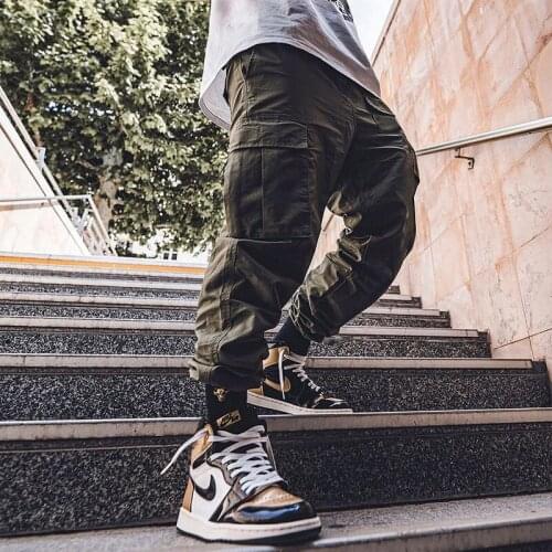 Harajuku Mens Loose Pockets Cargo Pants Hip-hop 2021 Spring Summer Mid Waist Solid Jogger Trouser Men Casual Streetwear Hipster