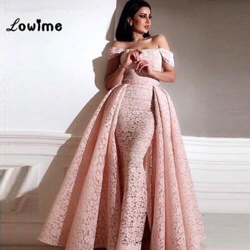 Pink Mermaid Arabic Two Pieces Evening Dresses Kaftan Long Prom Dresses 2018 Couture Lace Party Dress With Detachable Skirt