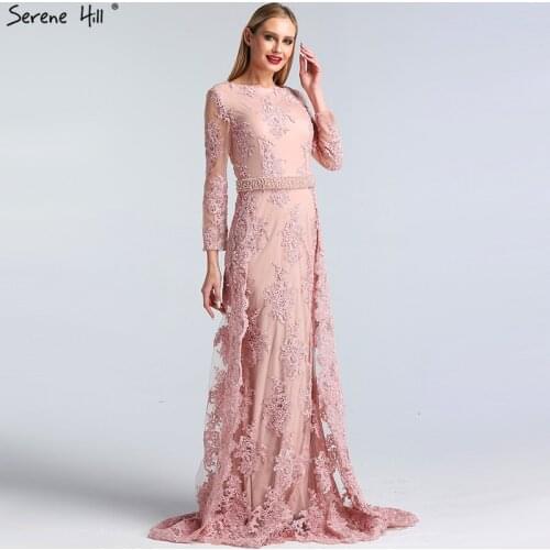 Pink O-Neck Long Sleeves Lace Prom Gowns 2020 Pearls Sequined Mermaid Prom Party Dresses Real Photo BLA60982
