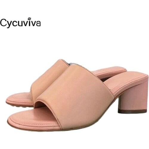 Brand Designer High Heel Women Slippers Leather Peep Toe Ladies Slides Summer Outwear Vacation Beach Concise Women Sandals Mujer
