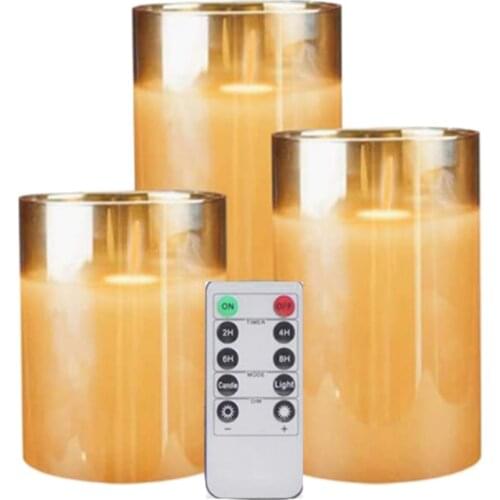 Amber Glass LED Flameless Candles Flickering with Remote,Battery Operated,For Wedding,Festival Decorations,Gift,3 Pack
