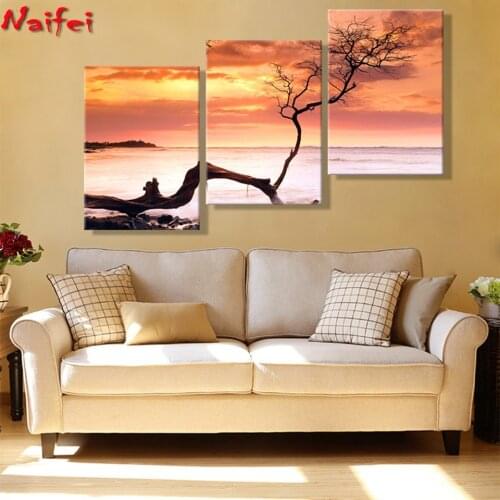 Triptych diy 5d diamond painting red tree 3 pieces full square diamond mosaic embroidery sunset landscape rhinestone decoration