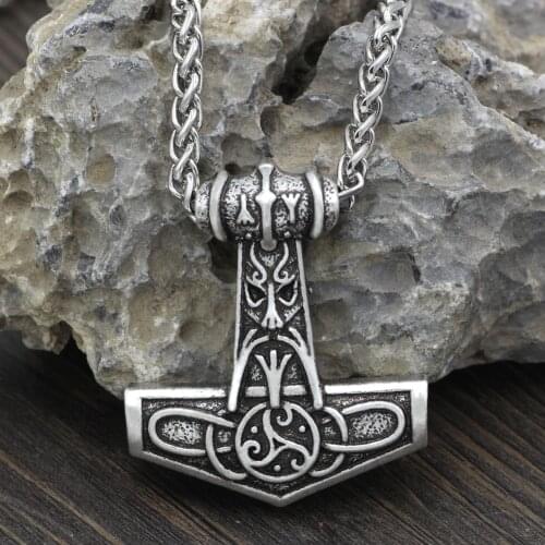 Viking Odin Face Amulet Thor Hammer Mjolnir Rune Pendant Necklace Pendant Necklace with Gift Bag