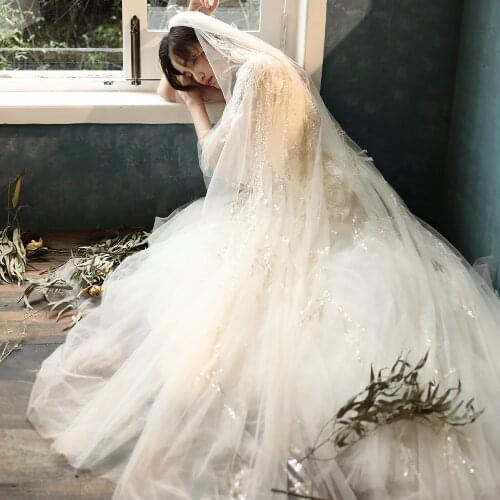 Champagne 3 meters wide 4 meters long high-end yarn champagne and rice white lightning flash branches metal dazzling bride veil