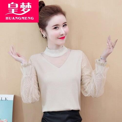 Women Blouse Womens Long-Sleeved Lace Autumn Winter Chiffon Turtleneck Hollow Sweater Sweater Blouse Shirts Ropa De Mujer