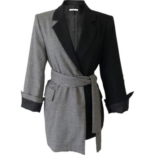 Women Blazer Plaid Stitching Irregular Ladies Black Blazer Coat Long Sleeve Lace Up Asymmetry Womens Slim Suit Jacket