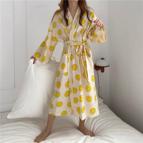 Women kimono cotton sleepwear simley long sleeve cardigan long nightgown with belt japaness home clothes 100% cotton robes L414