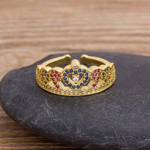 New Design Crown Wedding Open Adjustable Ring For Women Classical Rainbow Cubic Zirconia Gold Color Fashion Charm Rings Jewelry