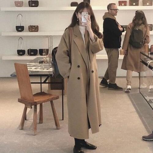 2021 Winter Korean Handmade Double Breasted Long 100% Wool Coat Women Loose Plus Size Lacing Belt Woolen Overcoat Oversized