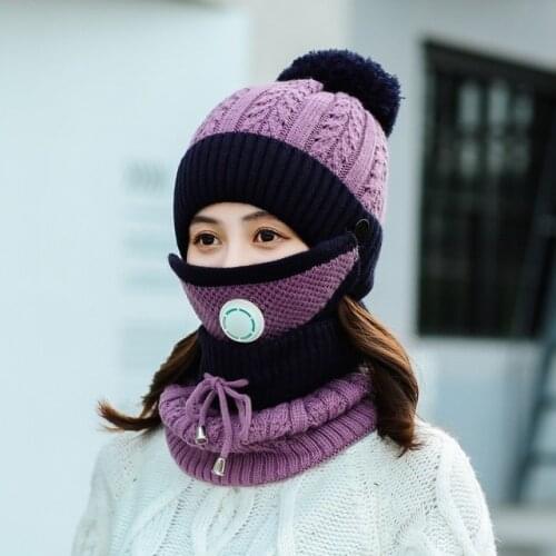 Winter Cycling Hat Women 3 piece Set Warm Wool Beanies Skullies Hats With Mask Collar Bib Female Velvet Thick Anti-smog Knit Cap