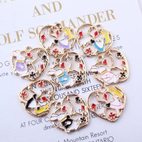 10pcs 16*26mm Diy enamel heart Alice in wonderland Rabbit charms KC gold alloy small bracelet pendant Korean jewelry accessories