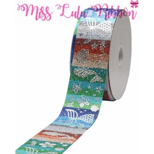 3"75mm Cartoon Mermaid Tail Shell Hologram Silver Foil Colorful Stripes Printed Grosgrain Ribbon DIY Hair Bowknots 50yards/roll