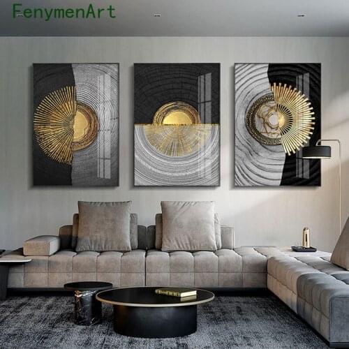 Abstract Black White Annual Ring Canvas Painting Golden Geometric Texture Poster Print Modern Wall Art Picture Room Home Decor