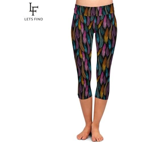LETSFIND Plus Size Women Colorful Feathers Milk Silk Print Mid-Calf Pants High Waist Fashion Fitness Elastic Capri Leggings