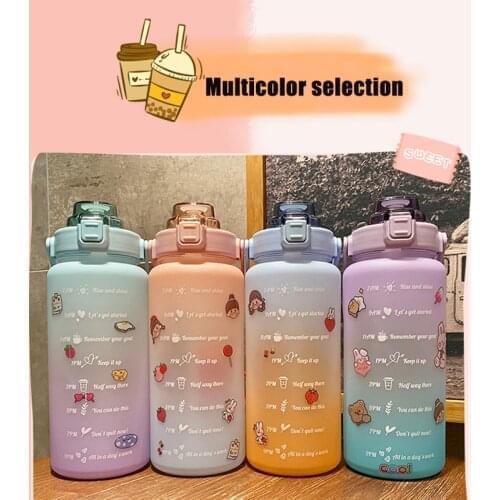 2L Capacity Gradient Color Water Bottle With Bounce Cover Time Scale Reminder Frosted Leakproof Cup For Outdoor Sports Fitness