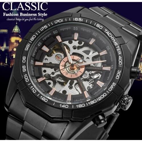 Forsining Mens Watch Skeleton Design Automatic Stainless Steel Bracelet Casual Wristwatch Color Black