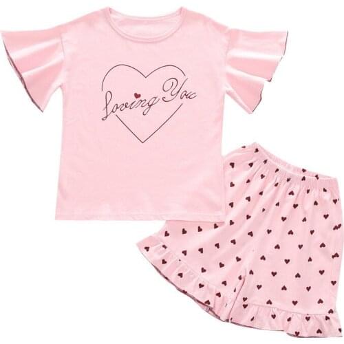 Childrens Set Sweet Summer Kids Baby Tees And Shorts 2pcs Sleepwear Suits For Girl Teenagers Flying Sleeve Pajamas 4-13T