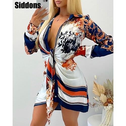 Elegant Women Turn-down Collar Office Work Dress Sexy Scarf Print Long Sleeve Shirt Dress Female Streetwear Shirt Vestidos