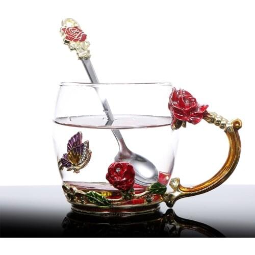 Enamel Coffee Tea Cup Mug Glass Bottle 3D Rose Butterfly Glass Cups Wedding Birthday Gift Christmas Family Party Tableware 2021