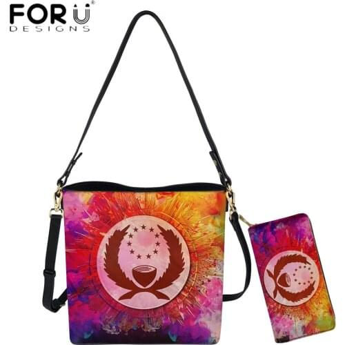 FORUDESIGNS Fashion Luxury Women Messenger Bag And Purse Set Pohnpei Watercolorful Pattern Print PU Leather Bucket Sac A Main